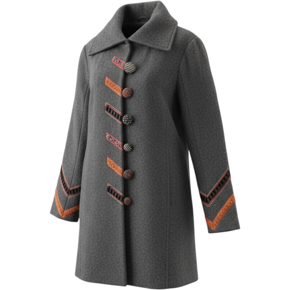 Carson Coat Women M Gray Wool Embroidered Boho Button Front Mid Length Artwear